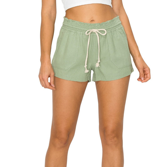 Cali Casual Smocked Waist Linen Beach Shorts - Sage Womens Short