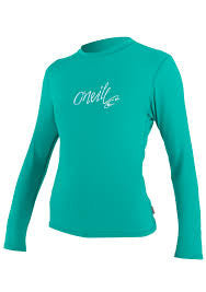 Oneill Women's Light Aqua Skins RG8 Long Sleeve Crew Mesh Rashguard Sun Protection Womens Rashguard