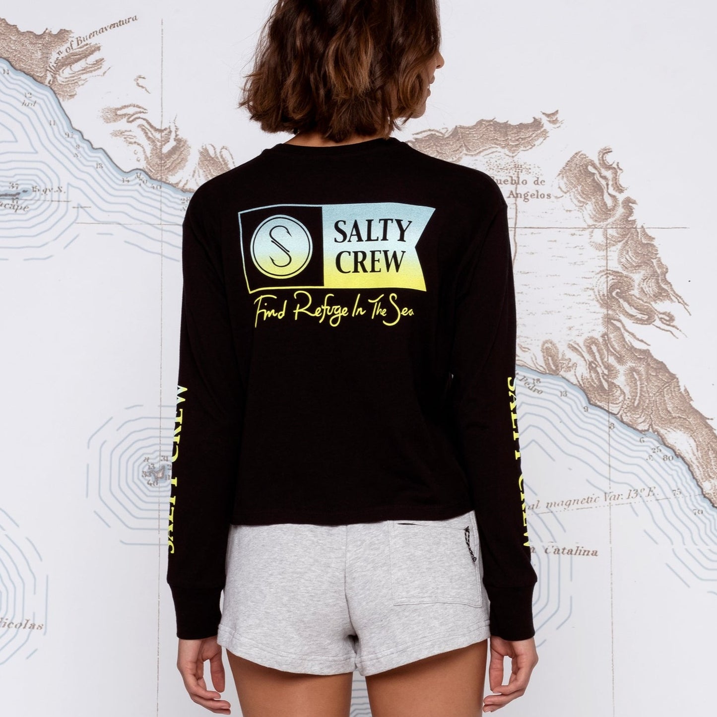 Salty Crew Alpha Gradient LS Crop Top Tee - Black Womens T Shirt