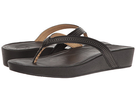 Olukai Women's Ola Leather Wedge Sandal - Black/ Black Womens Footwear
