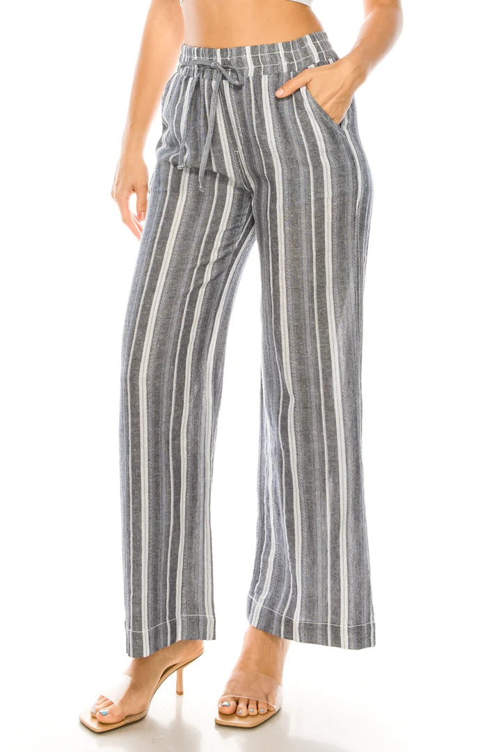 Cali Smocked Waist Linen Beach Trousers Navy Cream