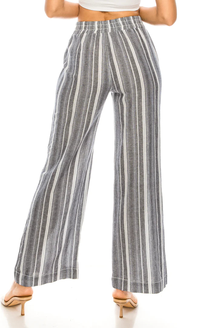 Cali Smocked Waist Linen Beach Trousers - Navy Cream womens pants