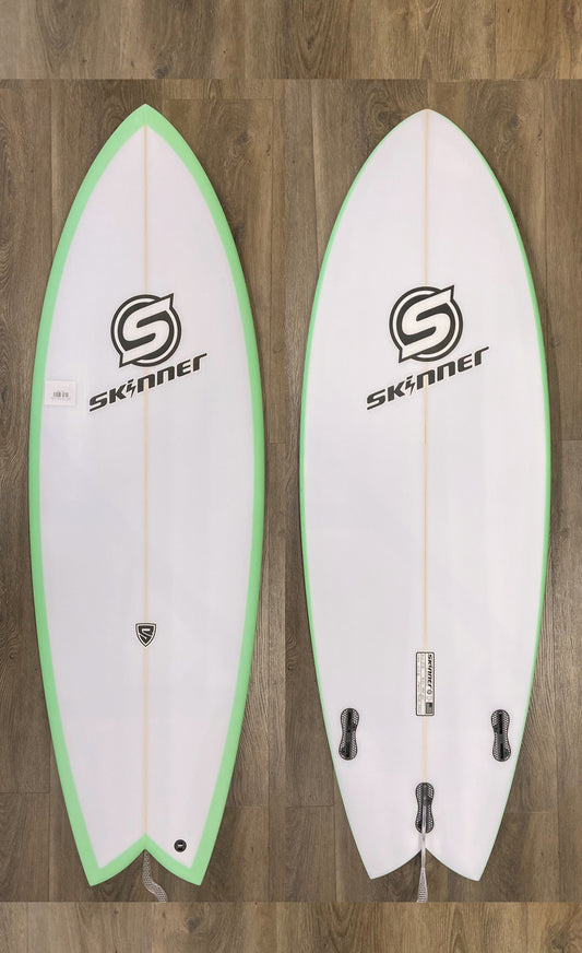 Skinner Surfboards 5'3 x 20.3" Poly Twin + 1 27.8 Liters Truefish3 Surfboard Green Rails Surfboard