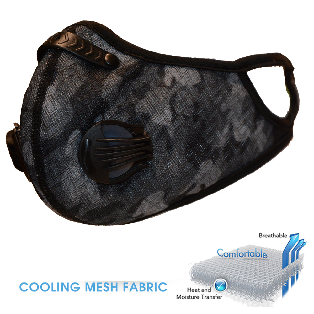 Gym Face Cover made of 3d Mesh With Filter and Valves - Black - Blue - Camo Face Cover Black Camo