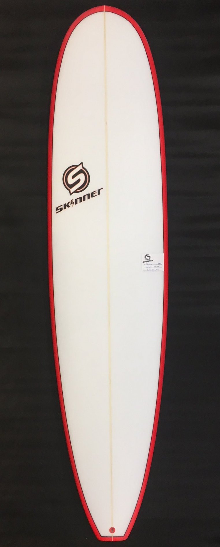 SOLD Skinner 7'6 x 21.25 x 2.75" Epoxy Mini Mini Longboard Tri Fin Poly with Red bottom and Rail Surfboard
