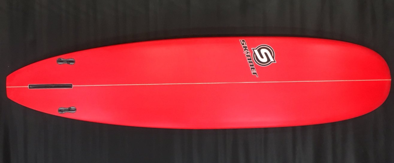 SOLD Skinner 7'6 x 21.25 x 2.75" Epoxy Mini Mini Longboard Tri Fin Poly with Red bottom and Rail Surfboard