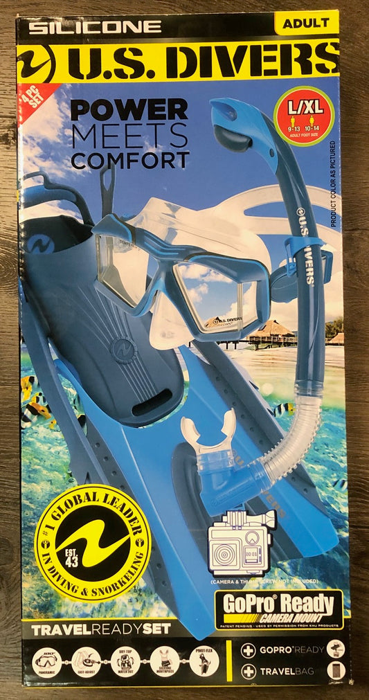 US Divers Lux Mask Snorkel Set Compatable with GoPro - Blue snorkel