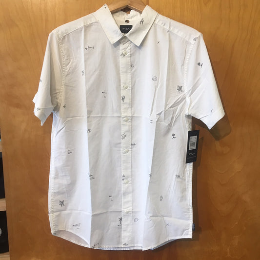 RVCA Scattered Printed Button Up Short Sleeve Shirt All New White Mens Shirt