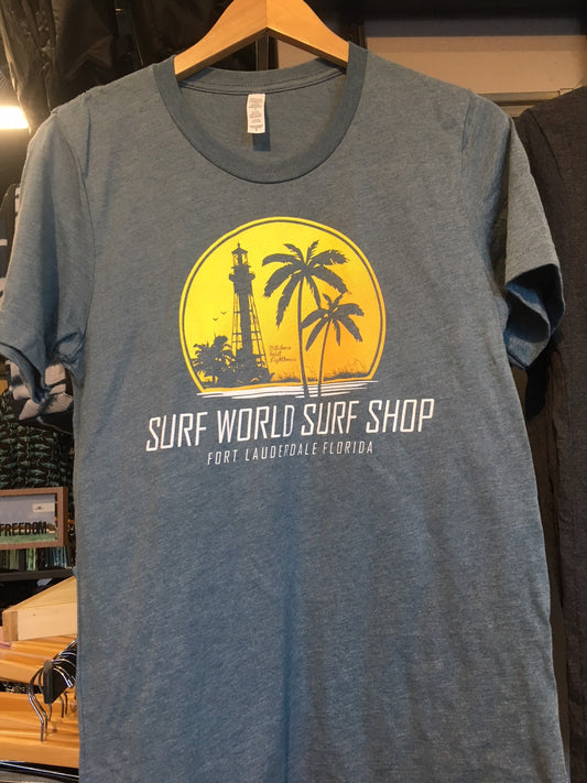 Surf World Palms Lighthouse Fade Tee - Teal Blue Heather - Black Heather Mens T Shirt