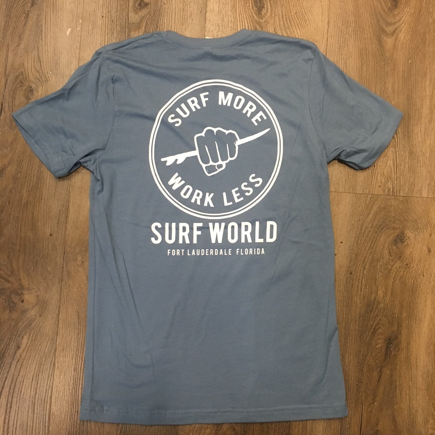 Surf World Surf More Work Less Tee Shirt - Slate Blue - Heather Teal - Black Heather Mens T Shirt Slate Blue