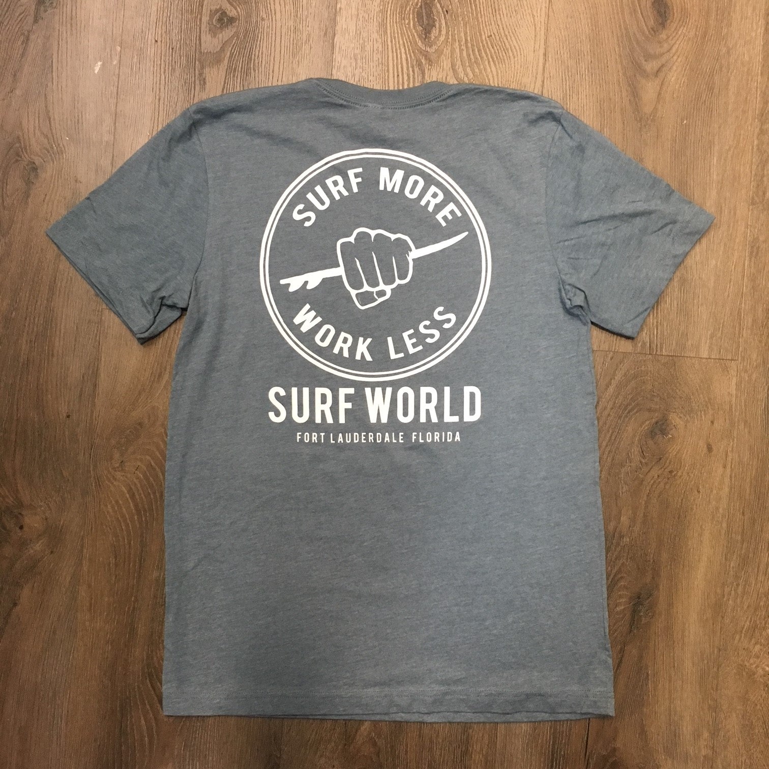 Surf World Surf More Work Less Tee Shirt - Slate Blue - Heather Teal - Black Heather Mens T Shirt Heather Teal