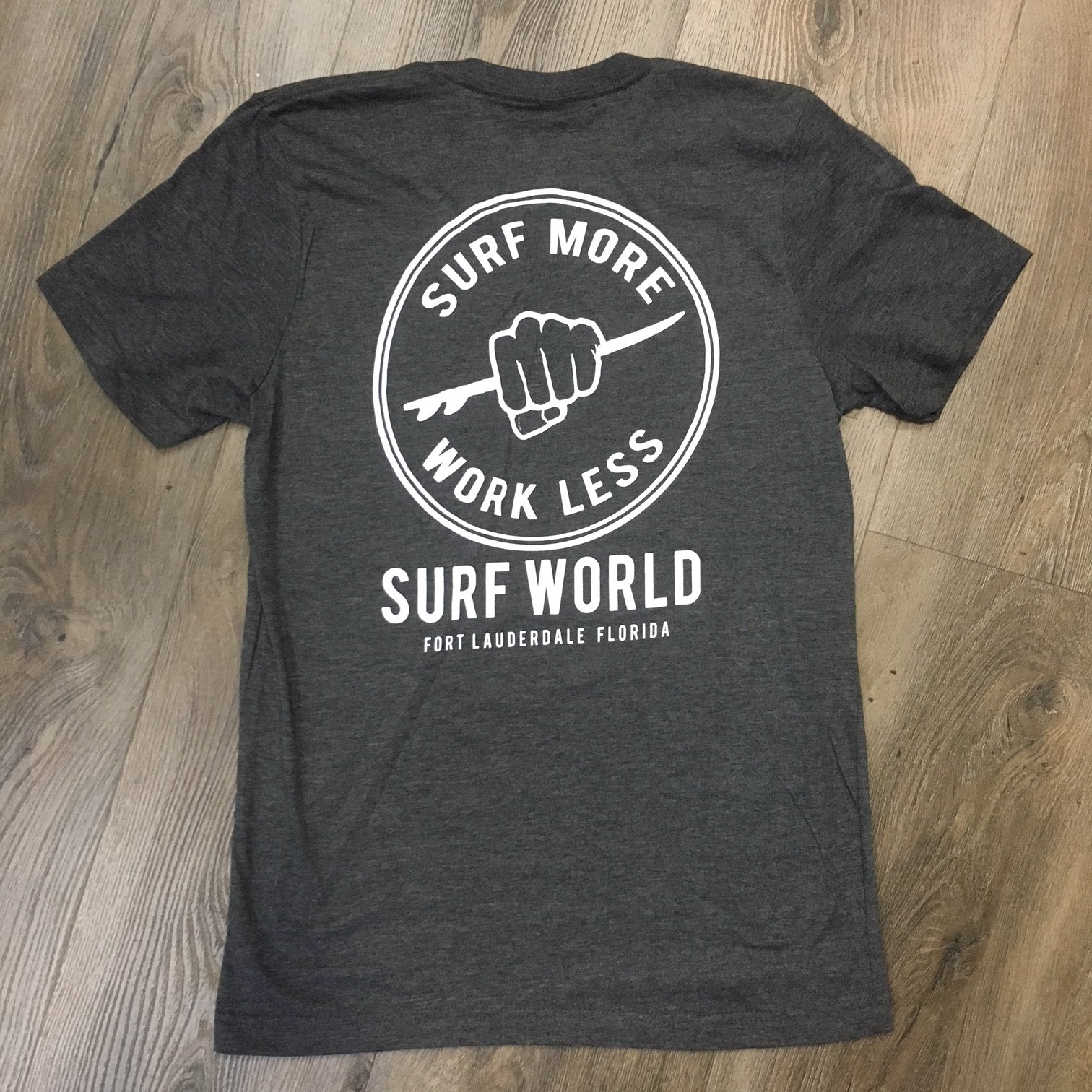 Surf World Surf More Work Less Tee Shirt - Slate Blue - Heather Teal - Black Heather Mens T Shirt Black Heather