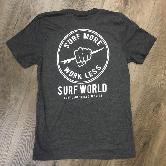 Surf World Surf More Work Less Tee Shirt - Slate Blue - Heather Teal - Black Heather Mens T Shirt Black Heather