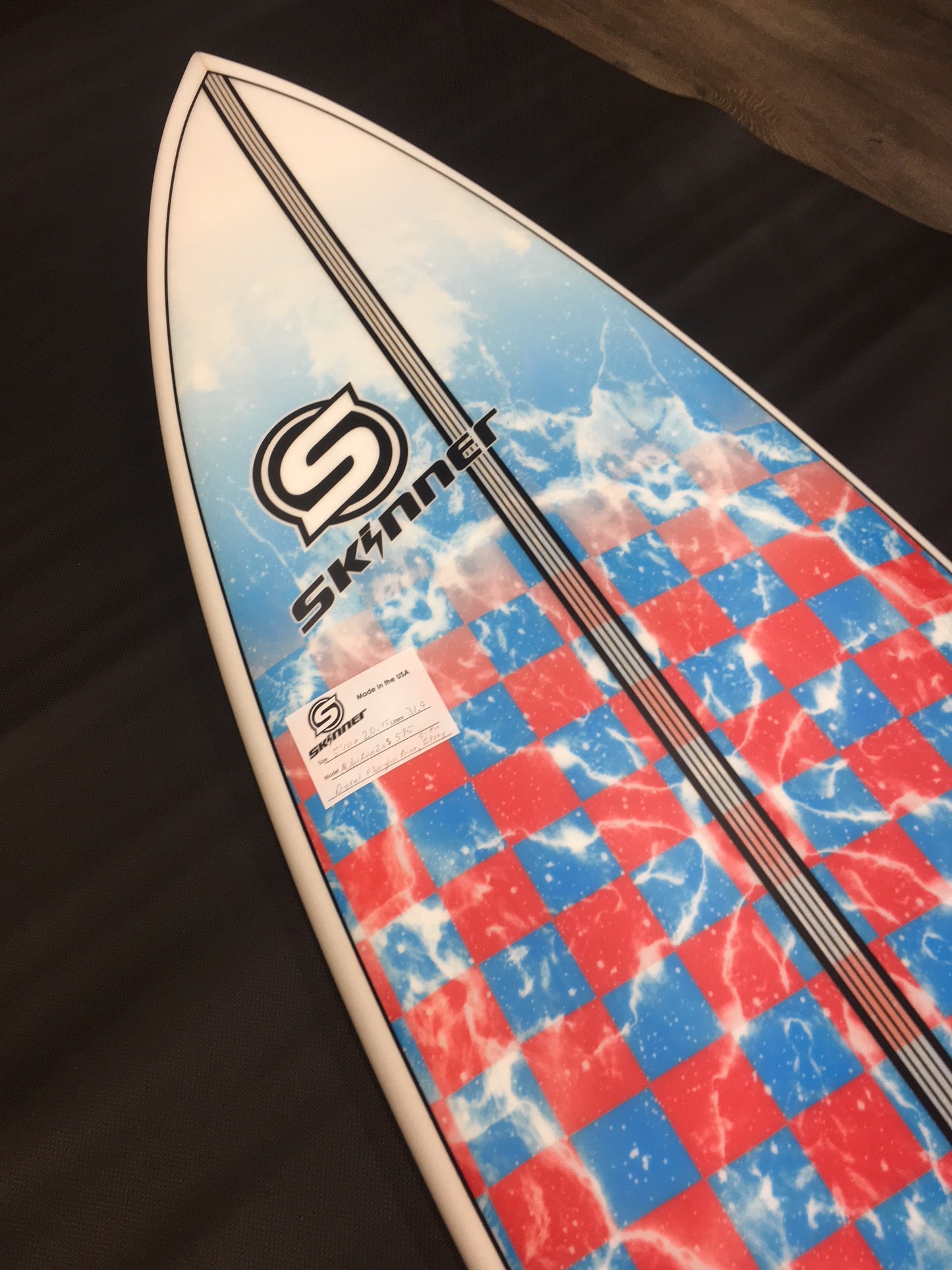 SOLD Skinner Surfboards 5'10 x 20.75 Mullet Run 2.0 Epoxy Custom Tie Dye Checker Print Surfboard