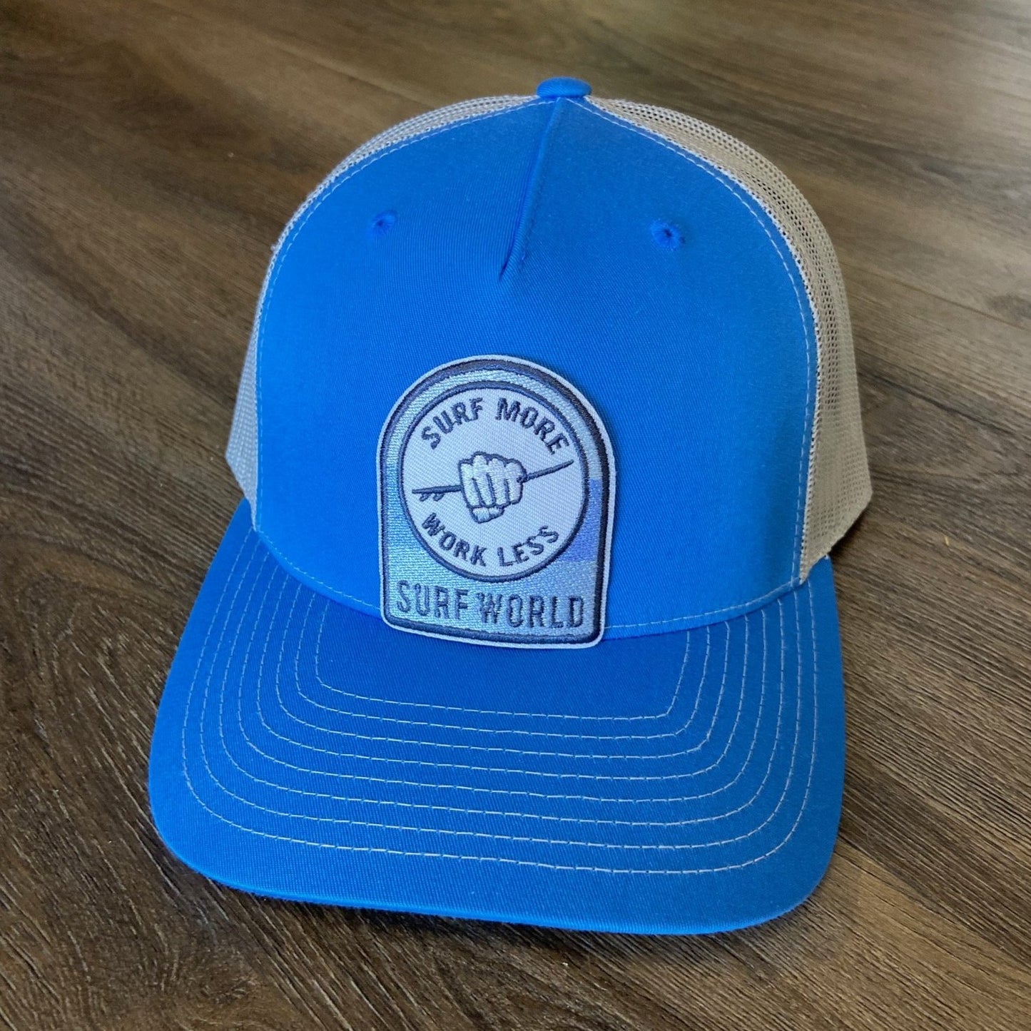 Surf World Surf More Work Less Trucker Hats Mens Hat Light Blue Grey