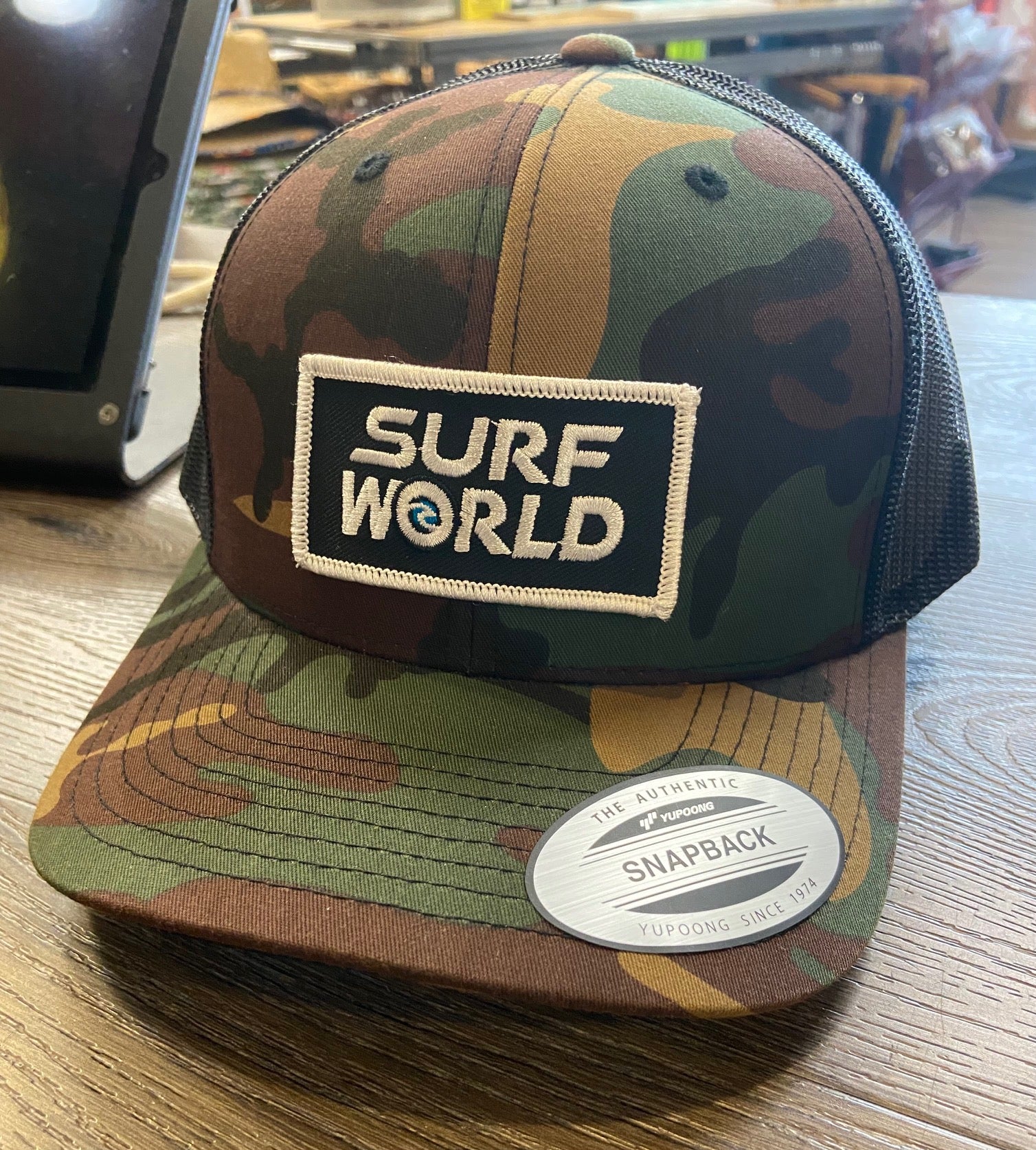 Surf World Snap Back Trucker Hat - Rectangle Mens Hat Green Camo