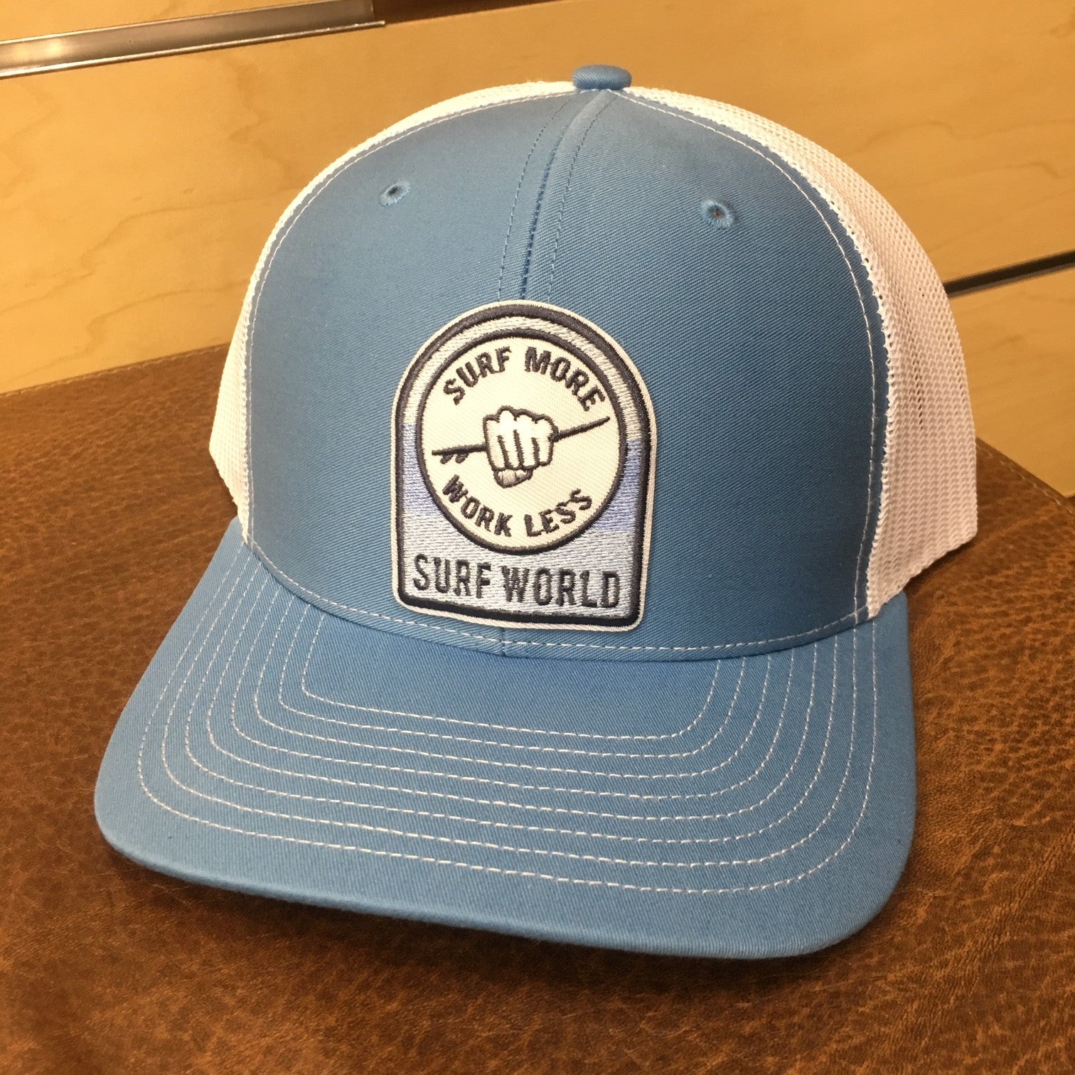 Surf World Surf More Work Less Trucker Hats Mens Hat Light Blue