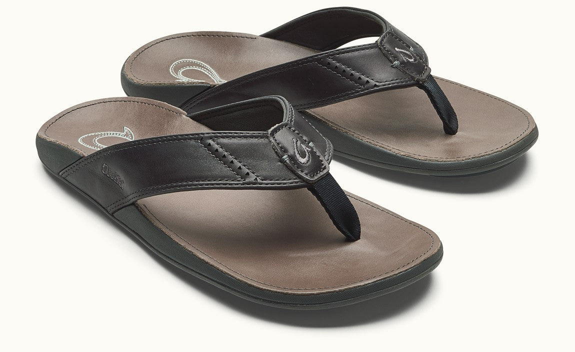 Olukai Nui Men's Leather Sandals - Dark Shadow / Charcoal Mens Footwear