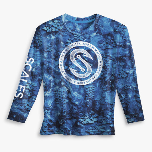 Scales Every Degree Pro Performance Rashguard Fishing Shirt UPF50- Blue Camo Rashguard Sun Protection