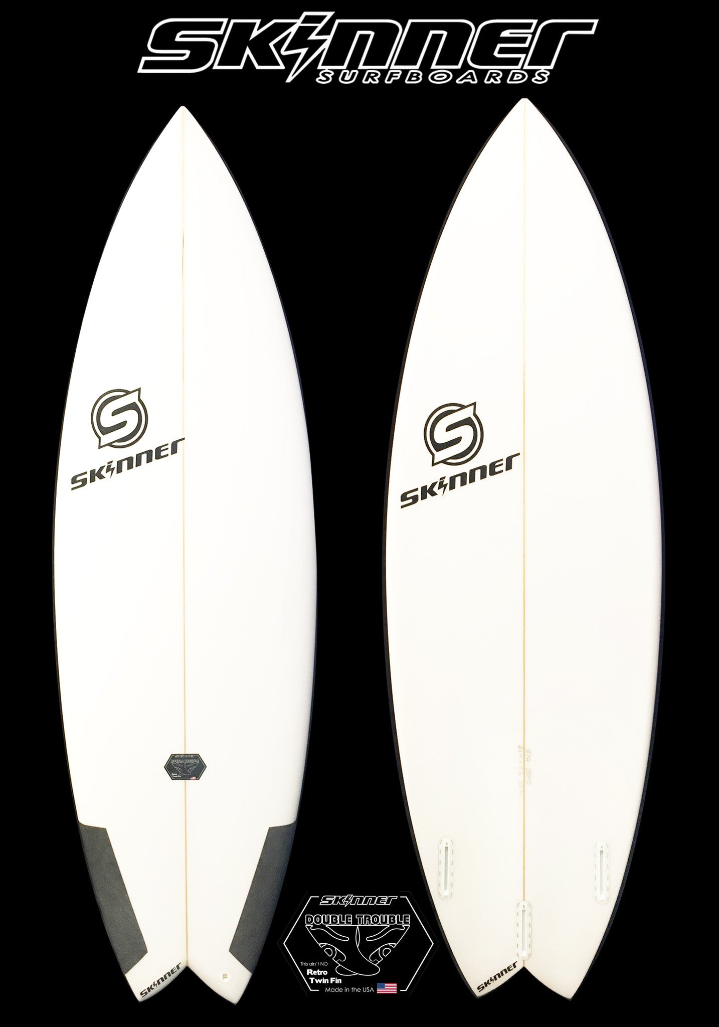 SOLD Skinner Double Trouble Performance Twin Fin+ Surfboard 5'10 x 21" x 2 5/8" 33.3 Liters Surfboard