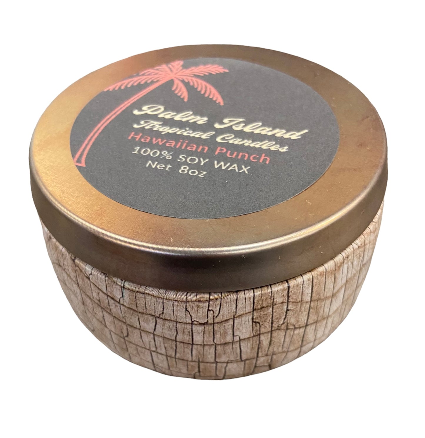 Palm Island Candle Co. 8oz Wood Print Metal Tin - Hawaiian Punch Scent Candle