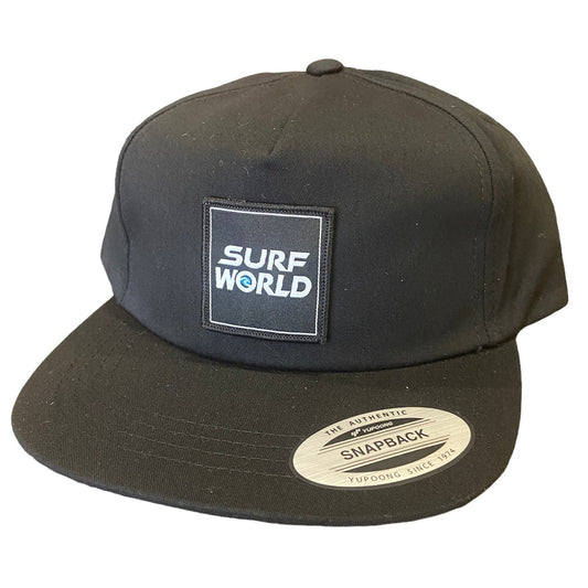 Surf World 2023 Flat Bill Snapback Hat - Black Mens Hat Flat Bill Boxy Logo