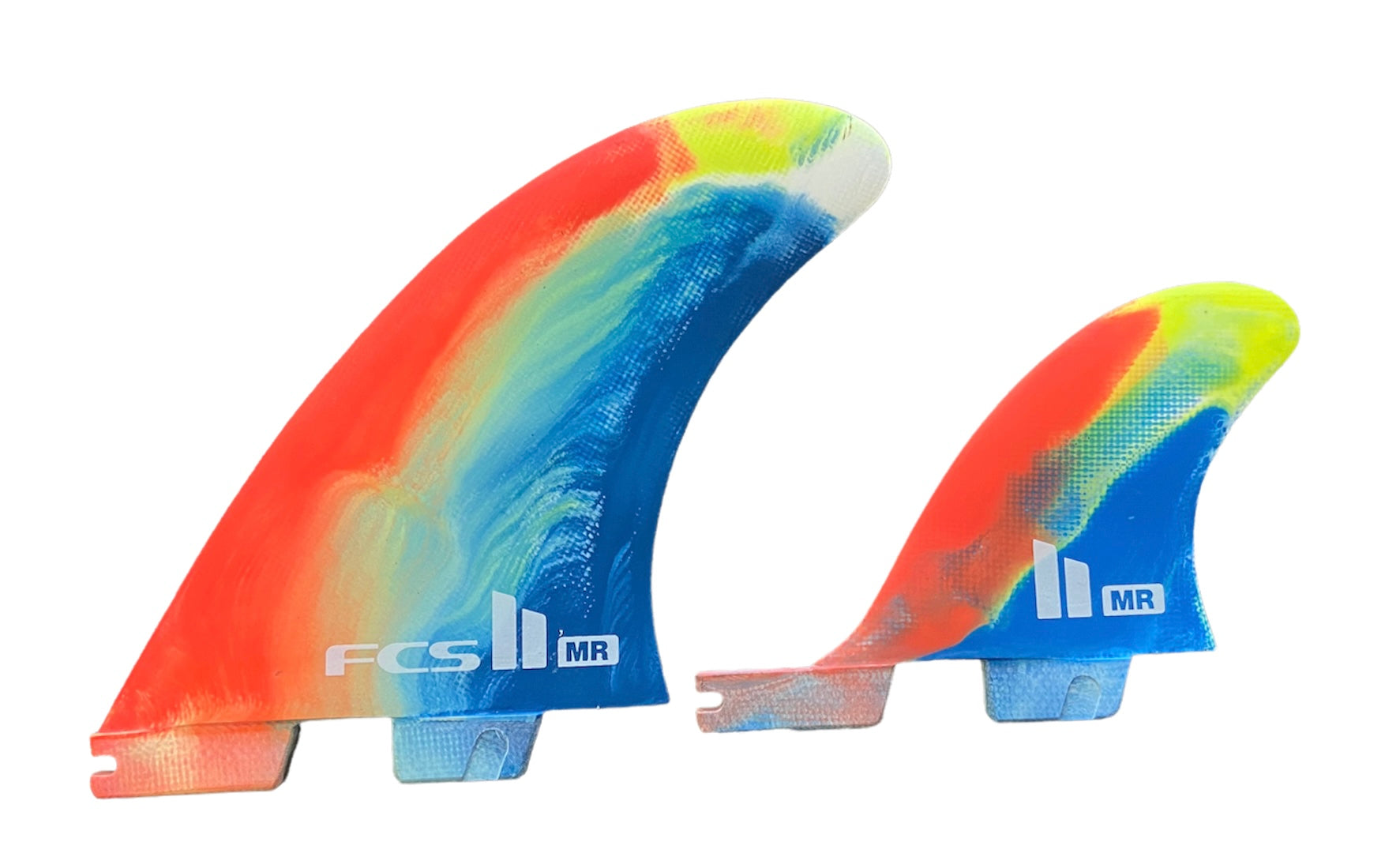 FCS II MR Twin Fins with mini Trailer- PC Tri Set Xlarge - Black White / Neon Swirl / Dusty Blue Fins