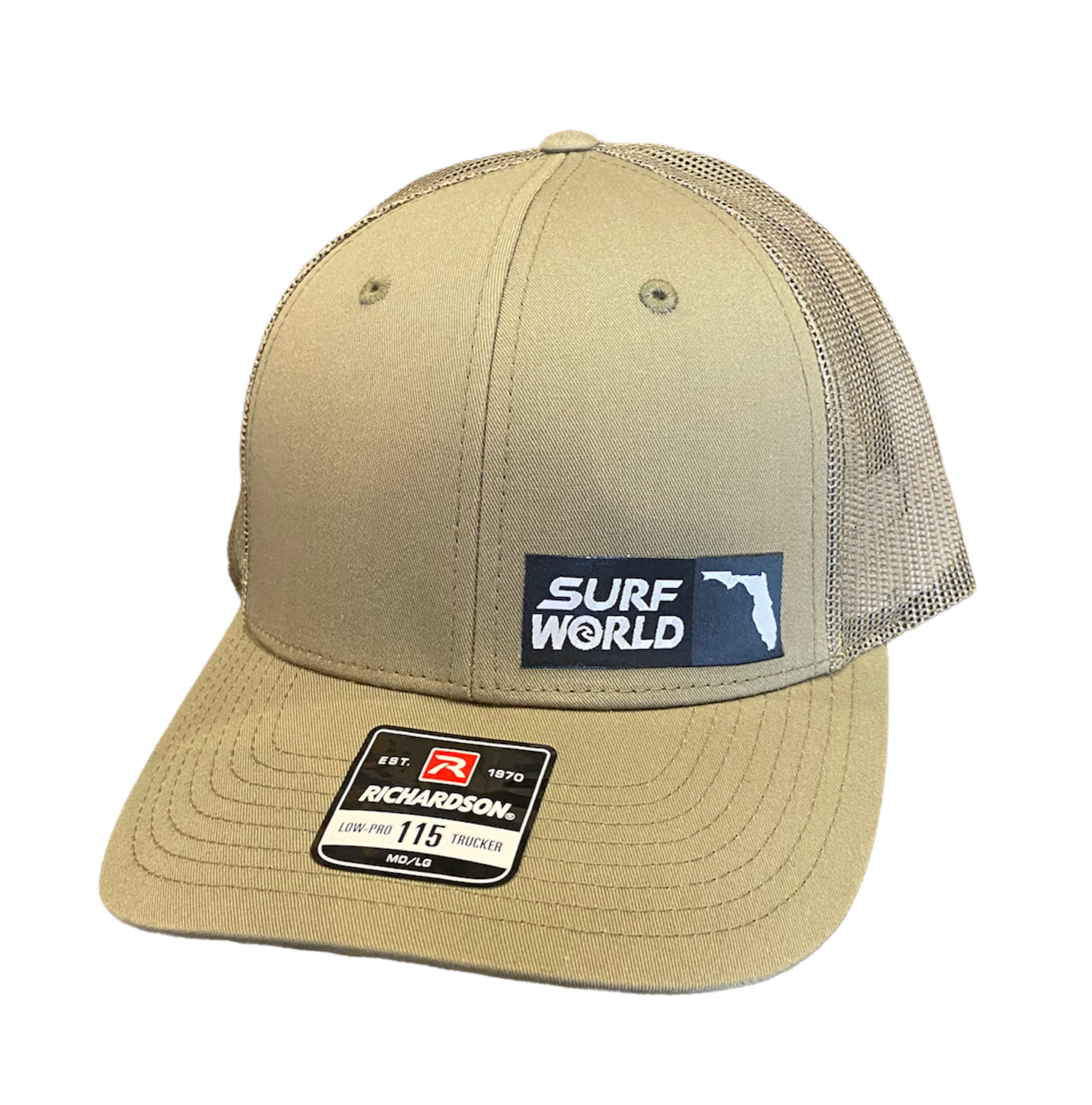 Surf World Florida Patch Trucker Hat Hats Light Army Side Logo