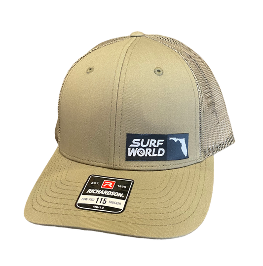 Surf World Florida Patch Trucker Hat Hats Light Army Side Logo