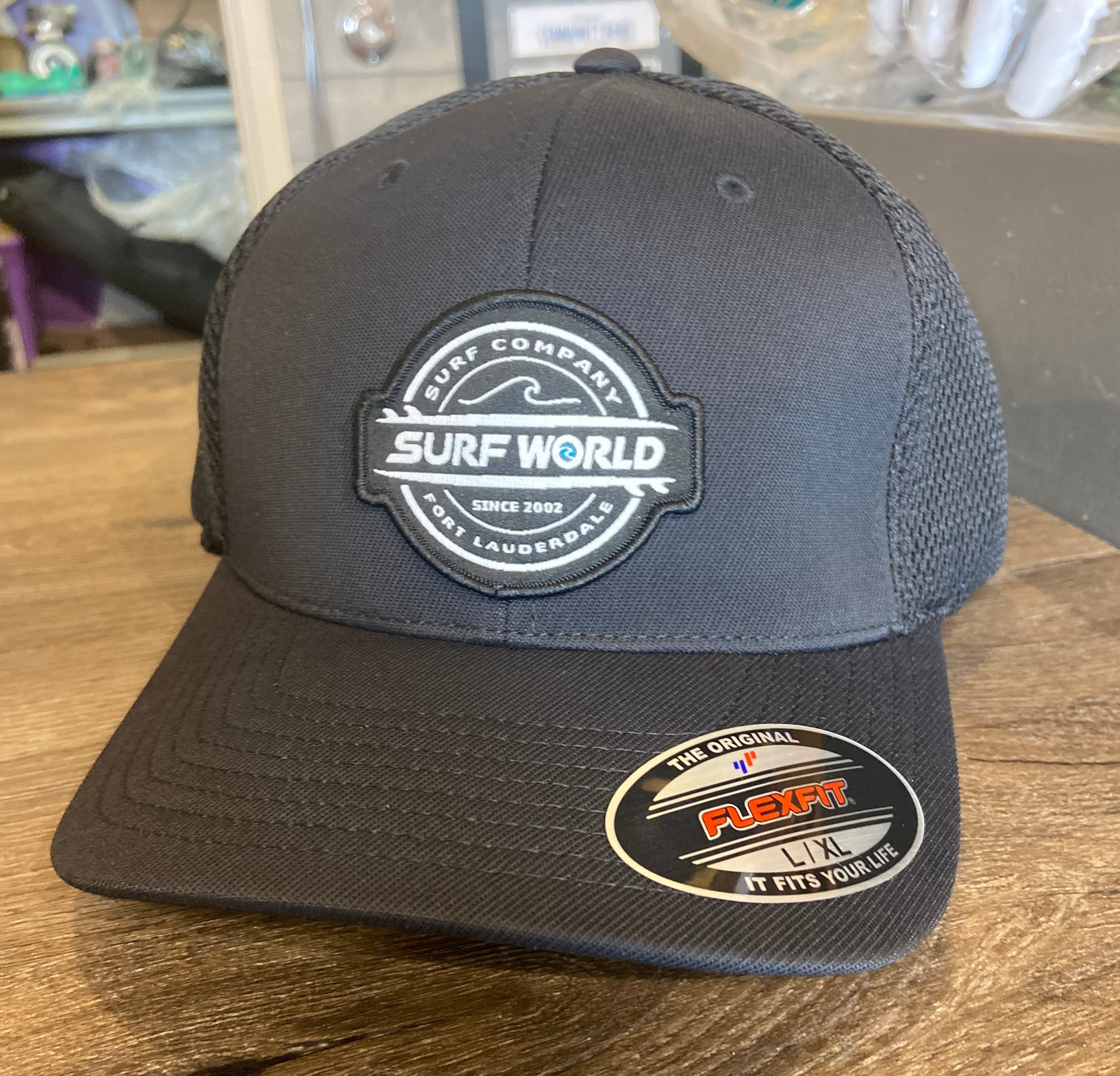 Surf World Double Boards Flexfit Airmesh Trucker Hat Mens Hat L-XL Black