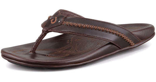 Olukai Mea Ola Men's Dark Java / Dark Java Leather Sandals Mens Footwear