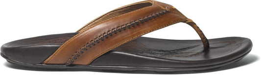 Olukai Mea Ola Men's Tan / Dark Java Leather Sandals Mens Footwear