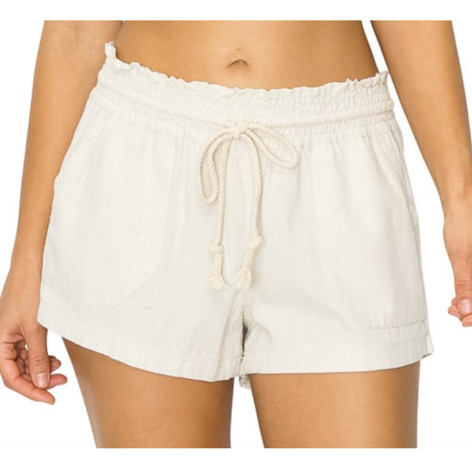Cali Casual Smocked Waist Linen Beach Shorts - Creamy White Womens Short