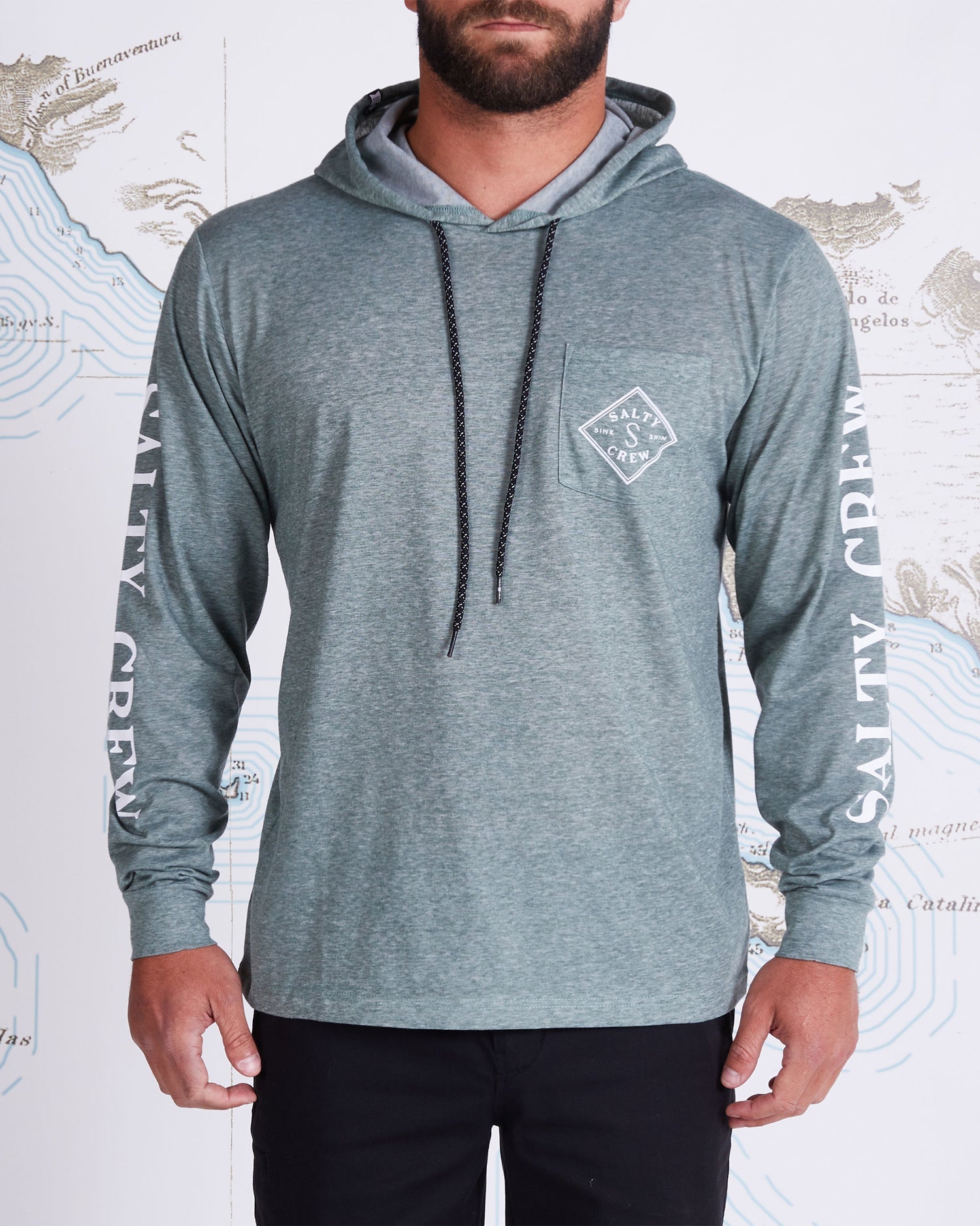 Salty Crew Tippet Pocket Hooded Sun Shirt - UPF 40 - Moss Mens Longsleeve Tee