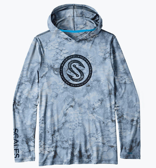SCALES Every Degree Camo Hooded Pro Performance Fishing Shirt - Cool Grey Camo Rashguard Sun Protection