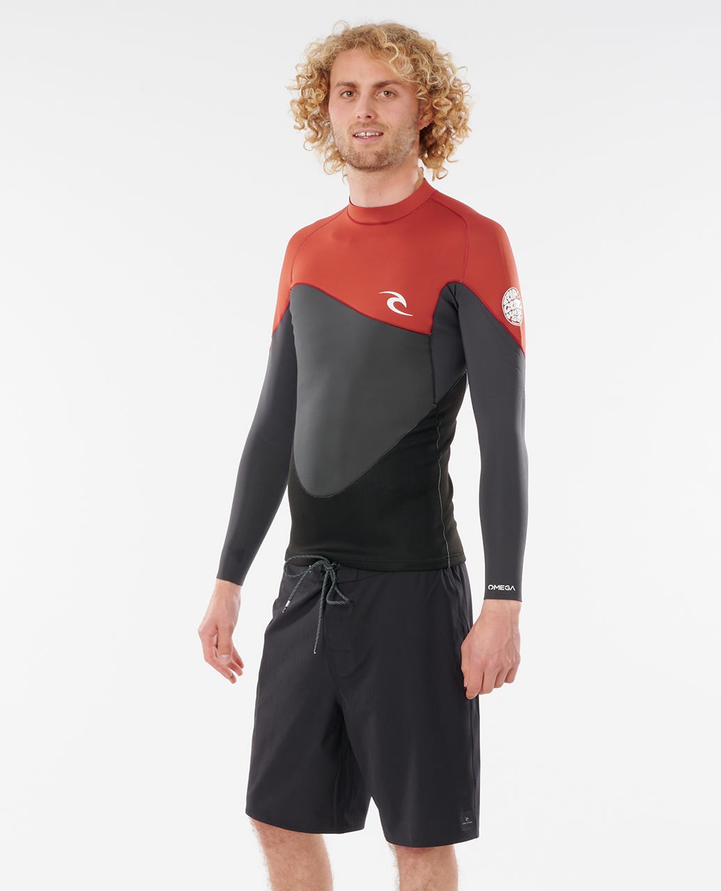 Rip Curl Omega 1.5mm Mens LS Wetsuit Jacket - Black / Blue / Maroon Wetsuit Top Maroon
